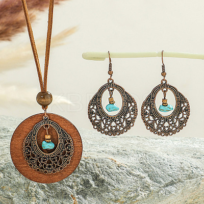 Bohemian Alloy Enamel & Wood Pendant Necklaces & Dangle Earrings Sets WG0DDDA-03-1