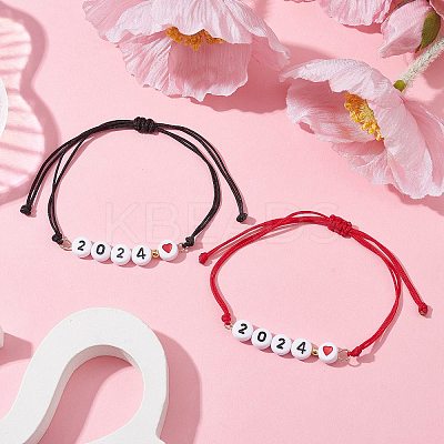 2Pcs 2 Color Heart with Word 2024 Acrylic Braided Bead Bracelets Set BJEW-JB09780-1