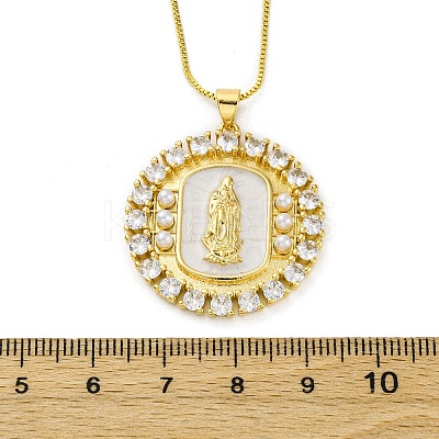 Brass Clear Cubic Zirconia Flat Round with Virgin Mary Pendant Necklaces NJEW-C071-07B-G-1
