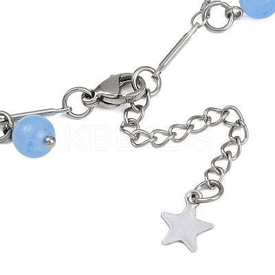 201 Stainless Steel Moon Star & Natural Dyed Malaysia Jade Round Charm Brass Bar Link Chain Anklets AJEW-AN00732-02-1