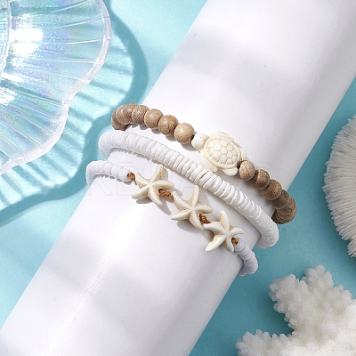 3Pcs 3 Styles Tortoise Round Wood & Disc Sea Shell Beaded Stretch Bracelet Sets BJEW-JB10311-1