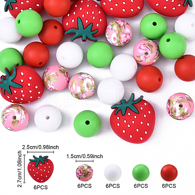 30Pcs Roumd & Strawberry Food Grade Eco-Friendly Silicone Focal Beads SIL-YW0001-69-1