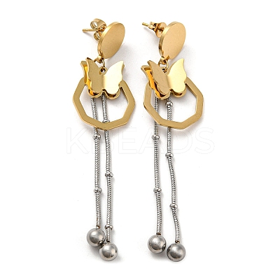 Ion Plating(IP) Two Tone 304 Stainless Steel 3D Butterfly Dangle Stud Earrings EJEW-D083-06GP-1