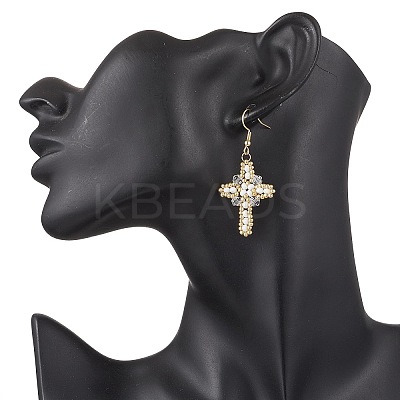 304 Stainless Steel Glass Seeds Cross Dangle Earrings EJEW-MZ00506-01-1