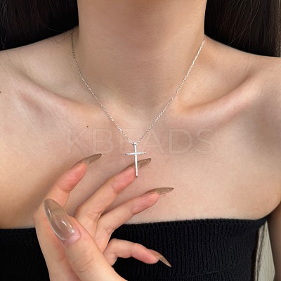 Religion Cross 925 Sterling Silver Pave Cubic Zirconia Pendant Necklaces for Women NJEW-F338-03P-1