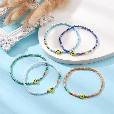 Acrylic Smiling Face & Seed Beaded Stretch Bracelet BJEW-JB09490-1