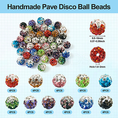 40Pcs 10 Colors Round Handmade Pave Disco Ball Beads RB-TA0001-13-1
