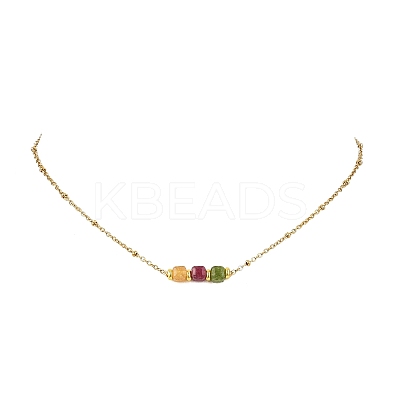 Natural Multicolor Tourmaline Faceted Cube Beads Pendant 304 Stainless Steel Satellite Chain Necklacs for Women NJEW-JN06541-01-1