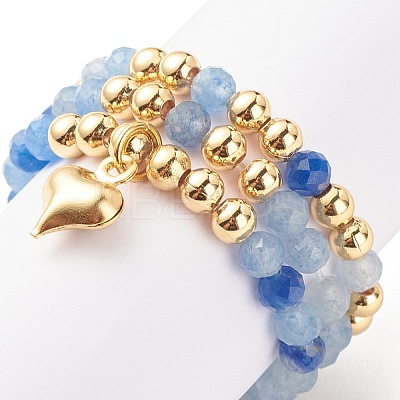 3Pcs 3 Style Natural Gemstone & Brass Beaded Finger Rings with 304 Stainless Steel Heart Charms for Women RJEW-JR00471-1