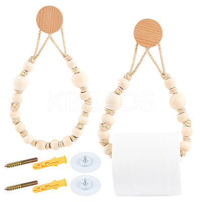Wooden Beaded Wall-mounted Tissue Roll Holder AJEW-WH0752-254-1