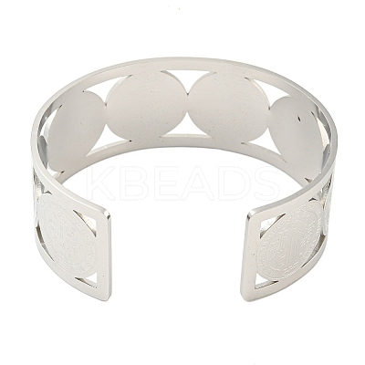 304 Stainless Steel Wide Hollow Saint Benedict Medal Open Cuff Bangles BJEW-S154-01P-1
