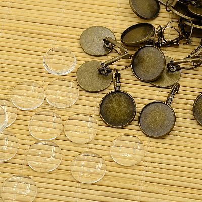 Brass Leverback Hoop Earring Components and Flat Round Transparent Clear Glass Cabochons KK-X0004-NF-1