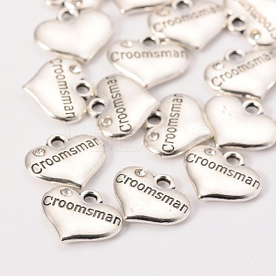 Wedding Theme Antique Silver Tone Tibetan Style Heart with Groomsman Rhinestone Charms TIBEP-N005-02C-1