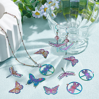 40Pcs 4 Style Ion Plating(IP) 201 Stainless Steel Filigree Pendants STAS-HY0001-34-1