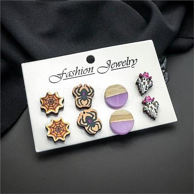 Halloween Spider Ghost Spider Web Wood Stud Earring Sets EJEW-OY002-02-1
