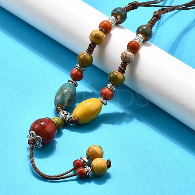 Ethnic Style Alloy & Porcelain Ceramic Beads Round Pendant Tassel Y Necklaces LS-NJEW-D308-01A-1