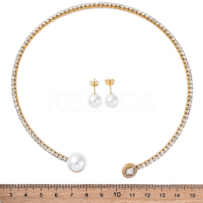 Round Plastic Imitation Pearl Stud Earrings & Cubic Zirconia and Rhinestone Cuff Choker Necklaces Sets SJEW-U003-03G-1