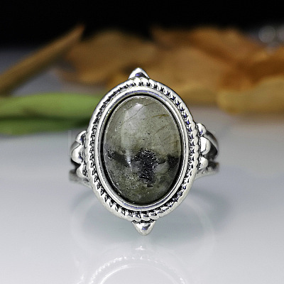Oval Zinc Alloy Natural Labradorite Finger Rings WG970F5-04-1