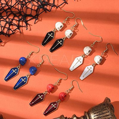 4 Pairs Synthetic Turquoise Skull with Coffin Dangle Earrings EJEW-JE06604-1