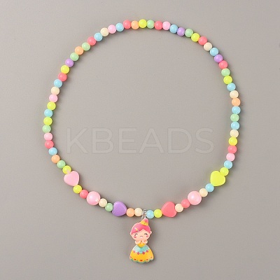 Plastic Girl Pendant Necklace with Heart Beaded for Kids NJEW-TAC0009-03-1