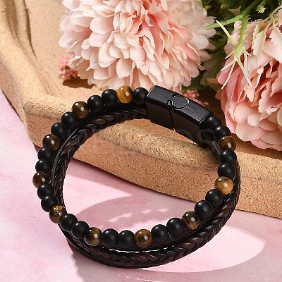 Natural Tiger Eye & Glass Round Beaded Bracelets LS-BJEW-G732-01B-1