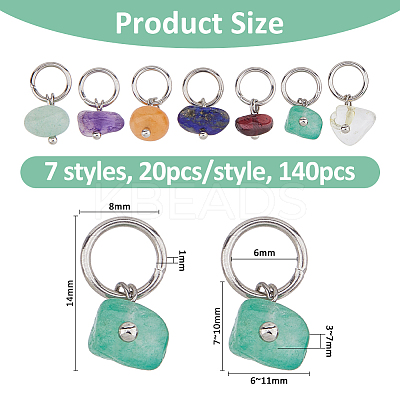 140Pcs 7 Styles Natural Gemstone Chip Charms with Brass Loops PALLOY-FH00120-1