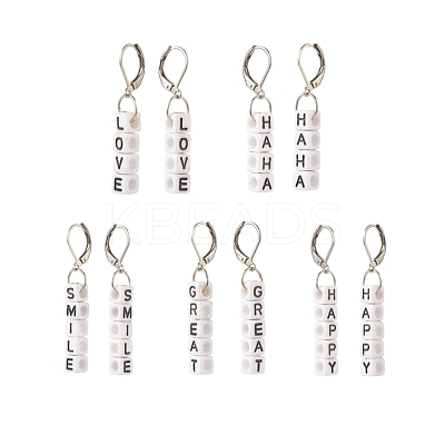 5Pair 5 Style Acrylic Cube Letter Beaded Dangle Leverback Earrings EJEW-JE04836-1