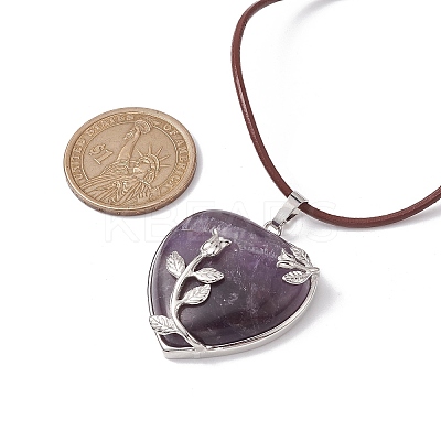 Natural Amethyst Heart Pendant Necklace with Cowhide Leather Cords NJEW-JN04598-01-1