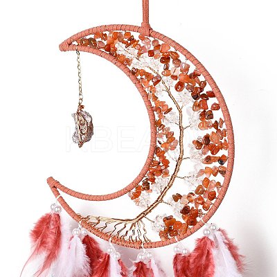 Gemstone Chips Beaded Tree of Life Moon with Feather Pendant Decorations HJEW-M004-14-1