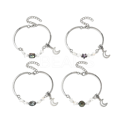 Natural Paua Shell & Star Freshwater Shell Link Bracelets BJEW-JB14326-1