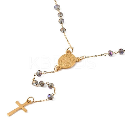Ion Plating(IP) Crucifix Cross 304 Stainless Steel Rosary Bead Necklaces NJEW-M075-04G-02-1