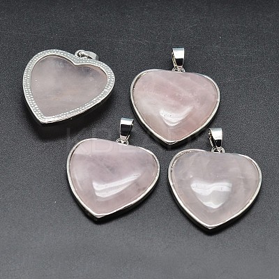 Heart Platinum Plated Brass Natural Rose Quartz Pendants G-F228-10F-RS-1