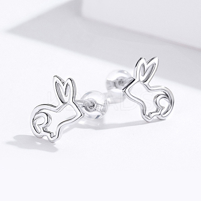Anti-Tarnish Rhodium Plated 925 Sterling Silver Bunny Stud Earrings EJEW-FF0009-08P-1