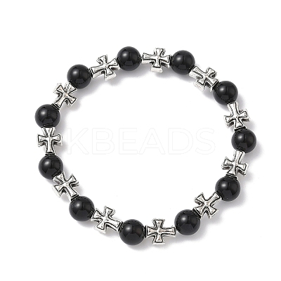 Natural Black Onyx Round Beads Stretch Bracelets BJEW-JB12343-01-1