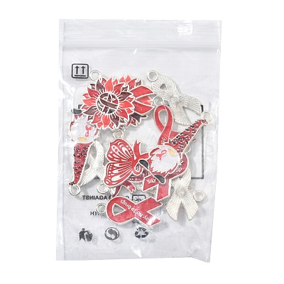 14Pcs 6 Styles No To Drugs Red Awareness Ribbon Theme Alloy Enamel Pendants ENAM-FS0003-47-1