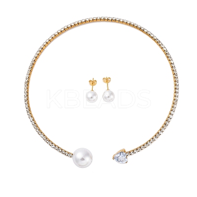 Round Plastic Imitation Pearl Stud Earrings & Heart Cubic Zirconia Rhinestone Cuff Choker Necklaces Sets SJEW-U003-10G-1