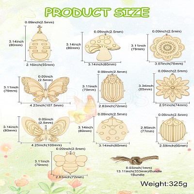 60Pcs 10 Style Spring theme Butterfly/Ladybird/Flower Unfinished Wood Pieces DIY-CJC0012-01-1