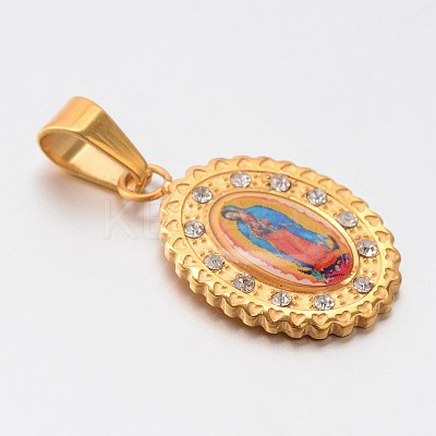 Holy Jewelry 304 Stainless Steel Flat Oval with Virgin Mary Pendants STAS-L130-06-1