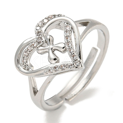 Heart with Letter Rack Plating Brass Micro Pave Clear Cubic Zirconia Adjustable Rings for Women RJEW-I105-01P-X-1