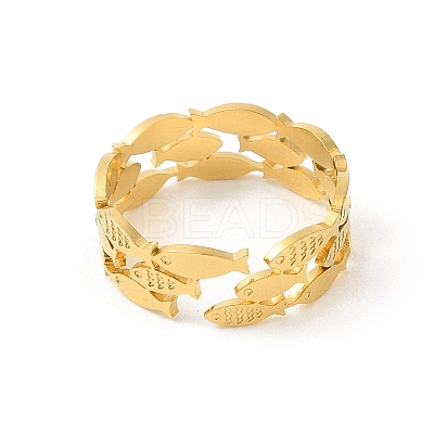 Fish 304 Stainless Steel Wide Band Open Cuff Rings for Unisex RJEW-P125-01G-1
