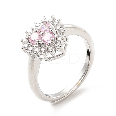 Rack Plating Brass Micro Pave Pink & Crystal Cubic Zirconia Heart Adjustable Rings RJEW-E064-17P-1