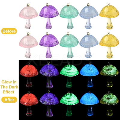 10Pcs 5 Colors Luminous Epoxy Resin Mushroom Pendants RESI-YW0004-19-1