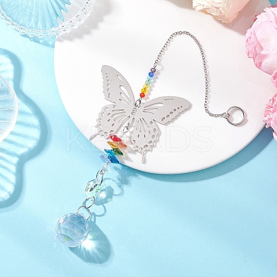 201 Stainless Steel Butterfly Shape & Rainbow Crystal Glass Hanging Suncatcher HJEW-JM04681-1
