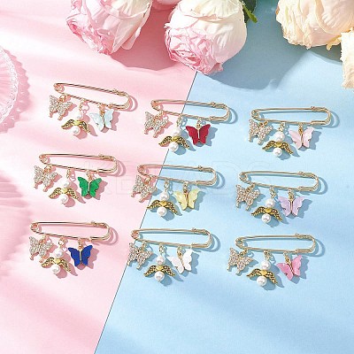9Pcs Butterfly Alloy & Acrylic & Rhinestone Pendant Brooches JEWB-BR00185-1