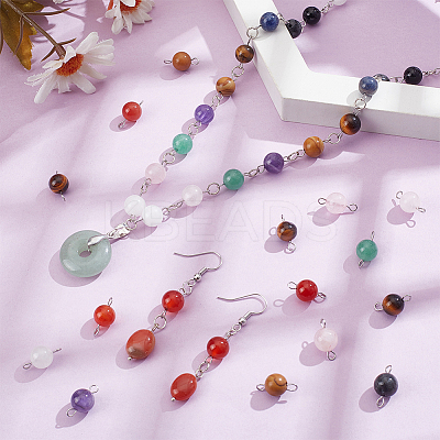 80Pcs 10 Styles Natural & Synthetic Mixed Gemstone Round Connector Charms PALLOY-UN00031-1
