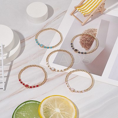 5Pcs 5 Colors Alloy Enamel Smiling Face & Brass & Glass Beaded Stretch Bracelets Set for Women BJEW-JB08774-1
