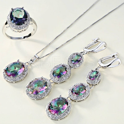 Oval Alloy Colorful Cubic Zirconia Pendant Necklaces & Hoop Earrings & Rings Sets FS-WG3A4EE-05-1