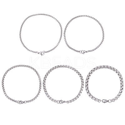 10Pcs 5 Styles 304 Stainless Steel Box Chain Bracelets BJEW-UN0001-18-1