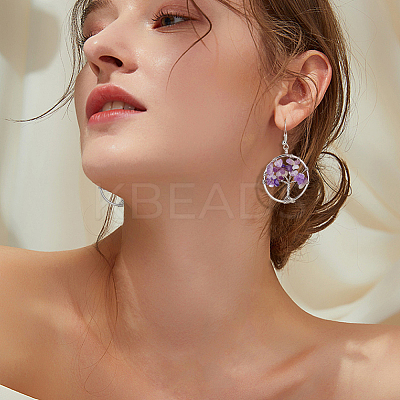 4 Pairs 4 Style Natural Mixed Gemstone Chips Tree of Life Dangle Earrings EJEW-AN0002-48-1