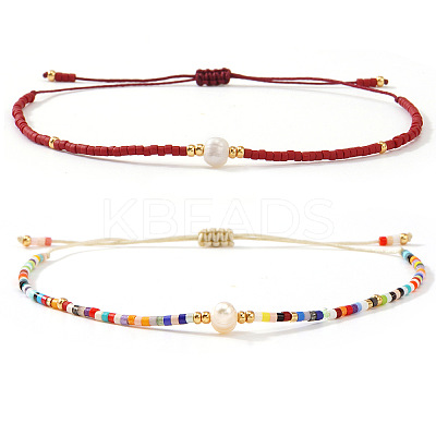 2Pcs Vintage Glass Seed Bead & Plastic Imitation Pear Beads Braided Bead Bracelets for Women JF2280-2-1